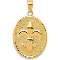 14K Yellow Gold Fleur-De-Lis Pendant on Oval Disk - Textured Finish by Oro Pregiato