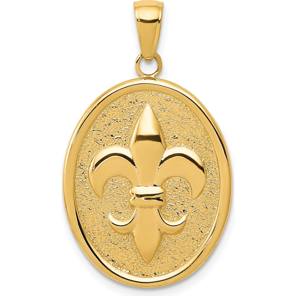14K Yellow Gold Fleur-De-Lis Pendant on Oval Disk - Textured Finish by Oro Pregiato