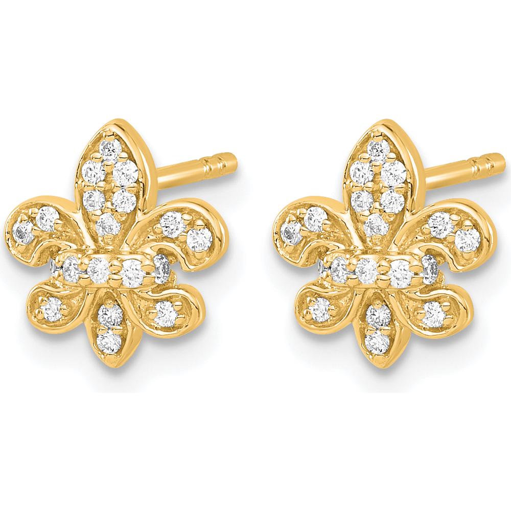14K Yellow Gold Fleur de Lis Post Earrings with Round Diamonds - 0.009 Carat Total Diamond Weight by Monteluci Fine Jewelry