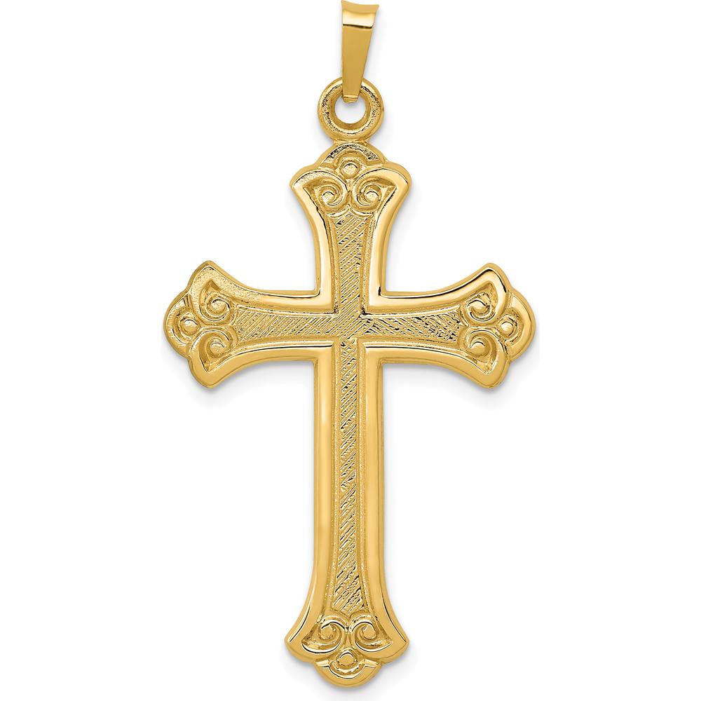 14K Yellow Gold Fleur de Lis Textured and Polished Cross Pendant - 41mm Length by Oro Pregiato