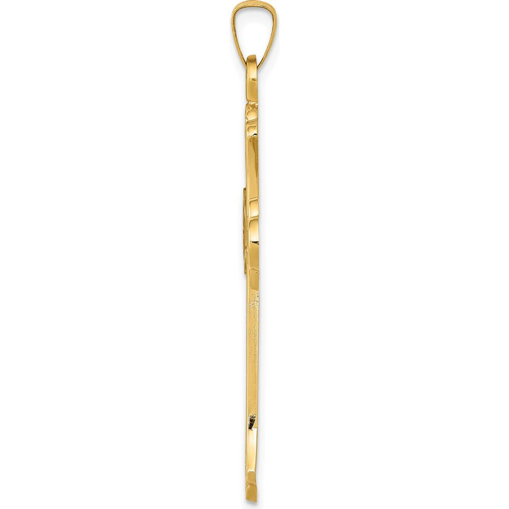 14K Yellow Gold Fleur de Lis Textured and Polished Cross Pendant - 41mm Length by Oro Pregiato