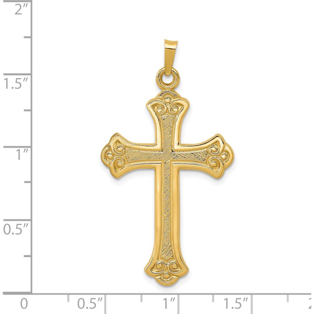 14K Yellow Gold Fleur de Lis Textured and Polished Cross Pendant - 41mm Length by Oro Pregiato