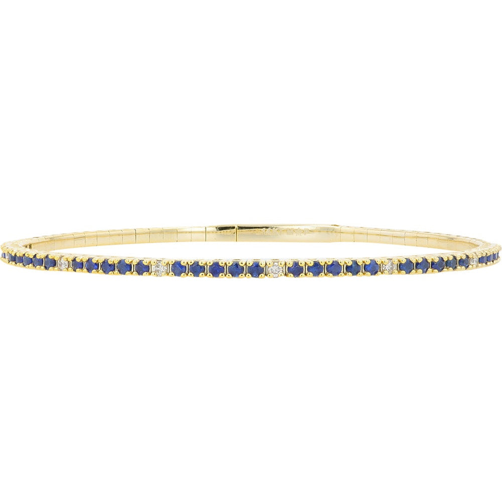 14K Yellow Gold Flex Bangle with Prong-Set Round Sapphires and Diamond Accents - 1.20 Carat Total Sapphire Weight and 0.15 Carat Total Diamond Weight