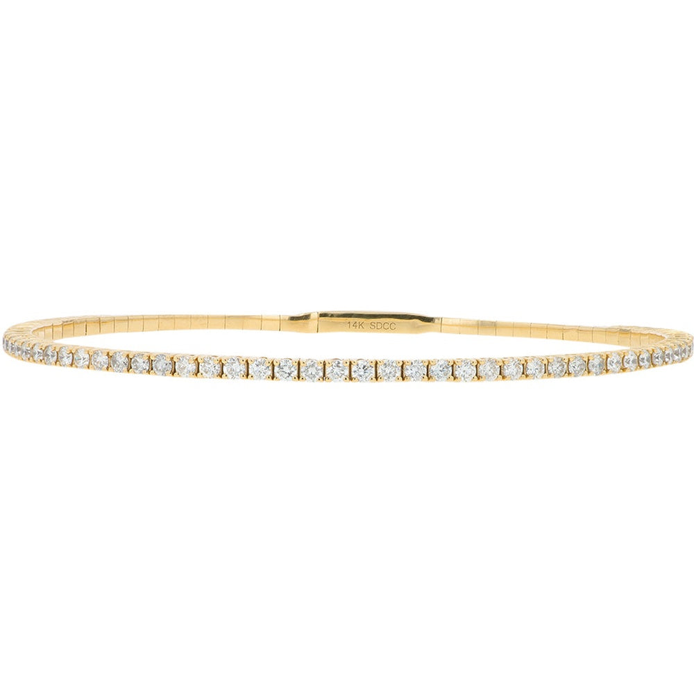14K Yellow Gold Flexible Bangle Bracelet with Shared-Prong Set Round Diamonds - 1.50 Carat Total Diamond Weight