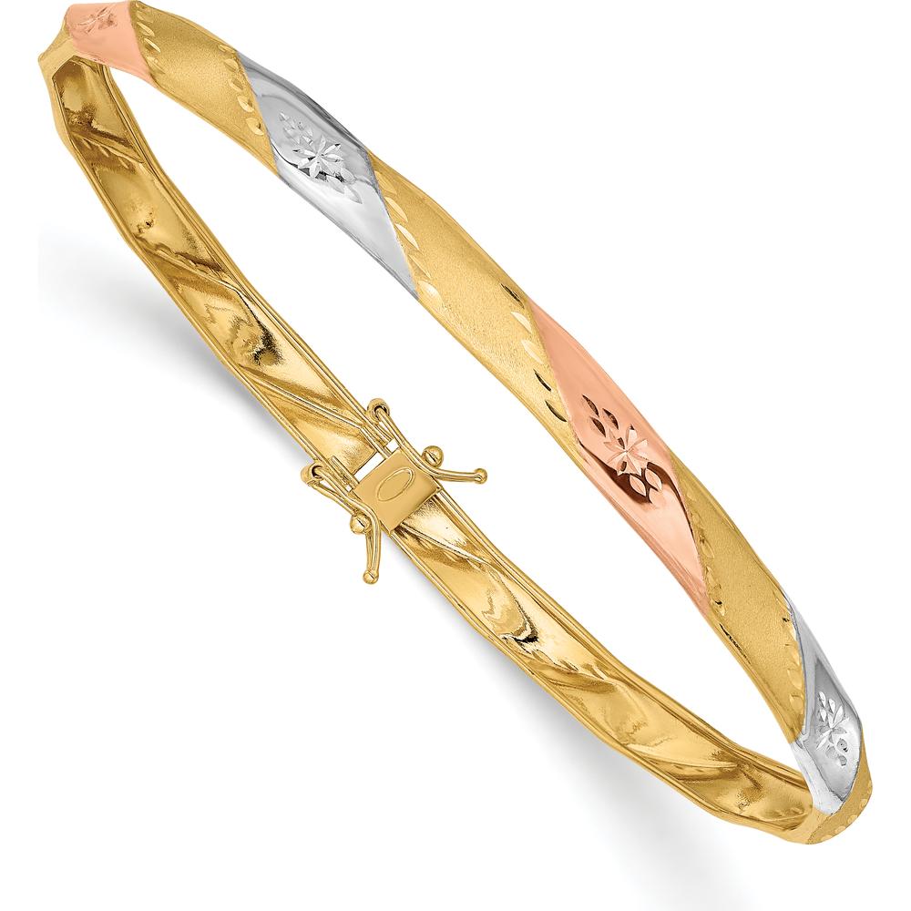 14K Yellow Gold Flexible Bangle Bracelet with White and Rose Rhodium Accents and Diamond-Cut Satin Finish by Oro Pregiato