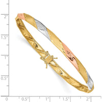 14K Yellow Gold Flexible Bangle Bracelet with White and Rose Rhodium Accents and Diamond-Cut Satin Finish by Oro Pregiato