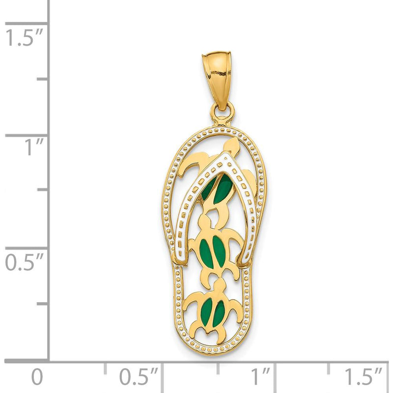 14K Yellow Gold Flip Flop Pendant with Green Enamel Sea Turtles - 34mm Length by Oro Pregiato