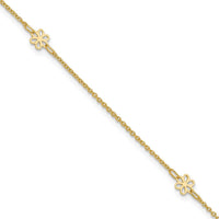 14K Yellow Gold Floral 3-Station Anklet with Extender - Adjustable Length 10" to 11"