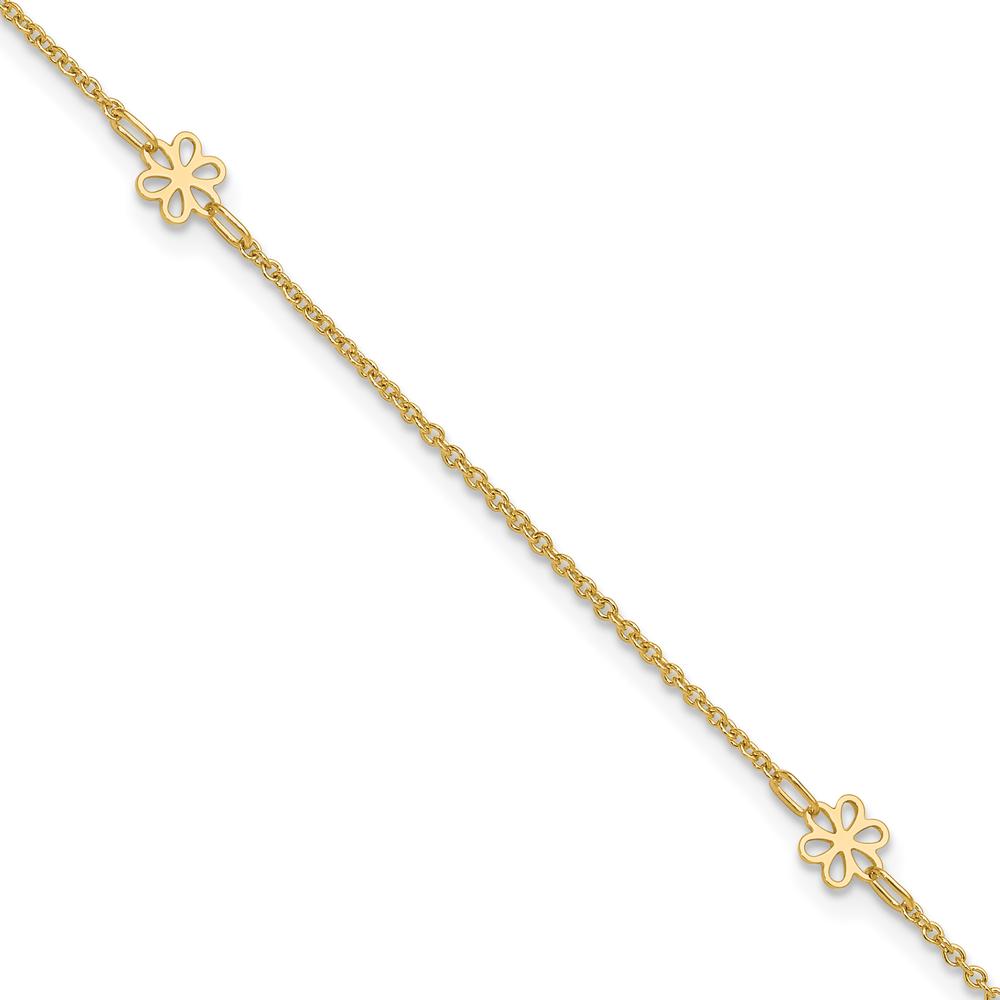 14K Yellow Gold Floral 3-Station Anklet with Extender - Adjustable Length 10" to 11"