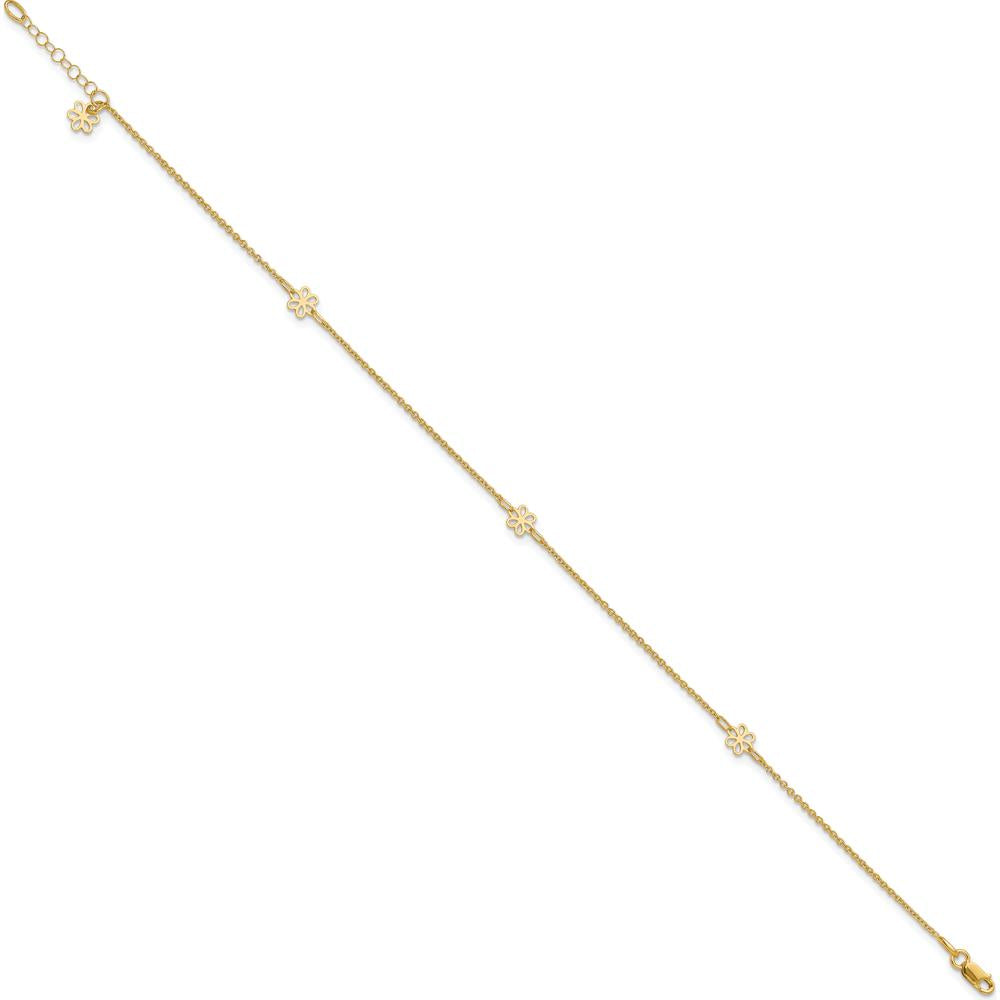 14K Yellow Gold Floral 3-Station Anklet with Extender - Adjustable Length 10" to 11"