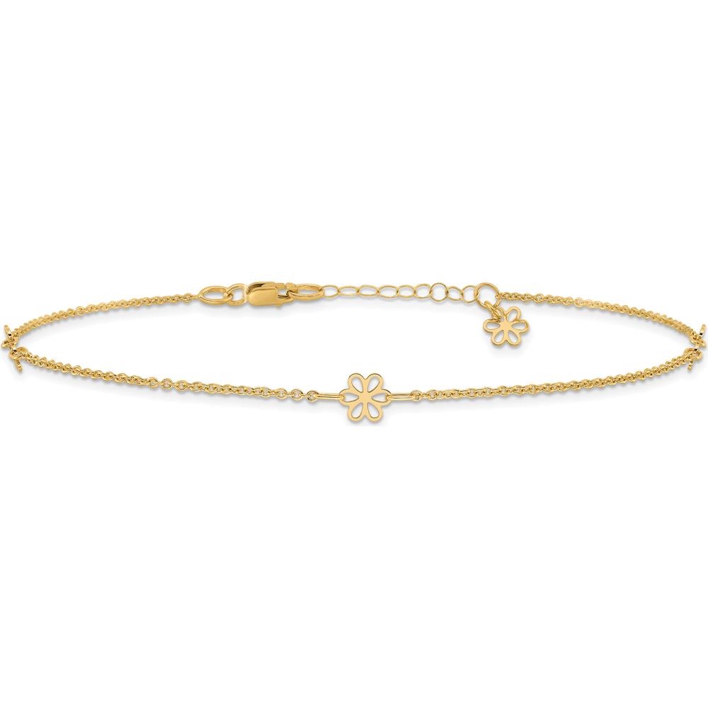 14K Yellow Gold Floral 3-Station Anklet with Extender - Adjustable Length 10" to 11"