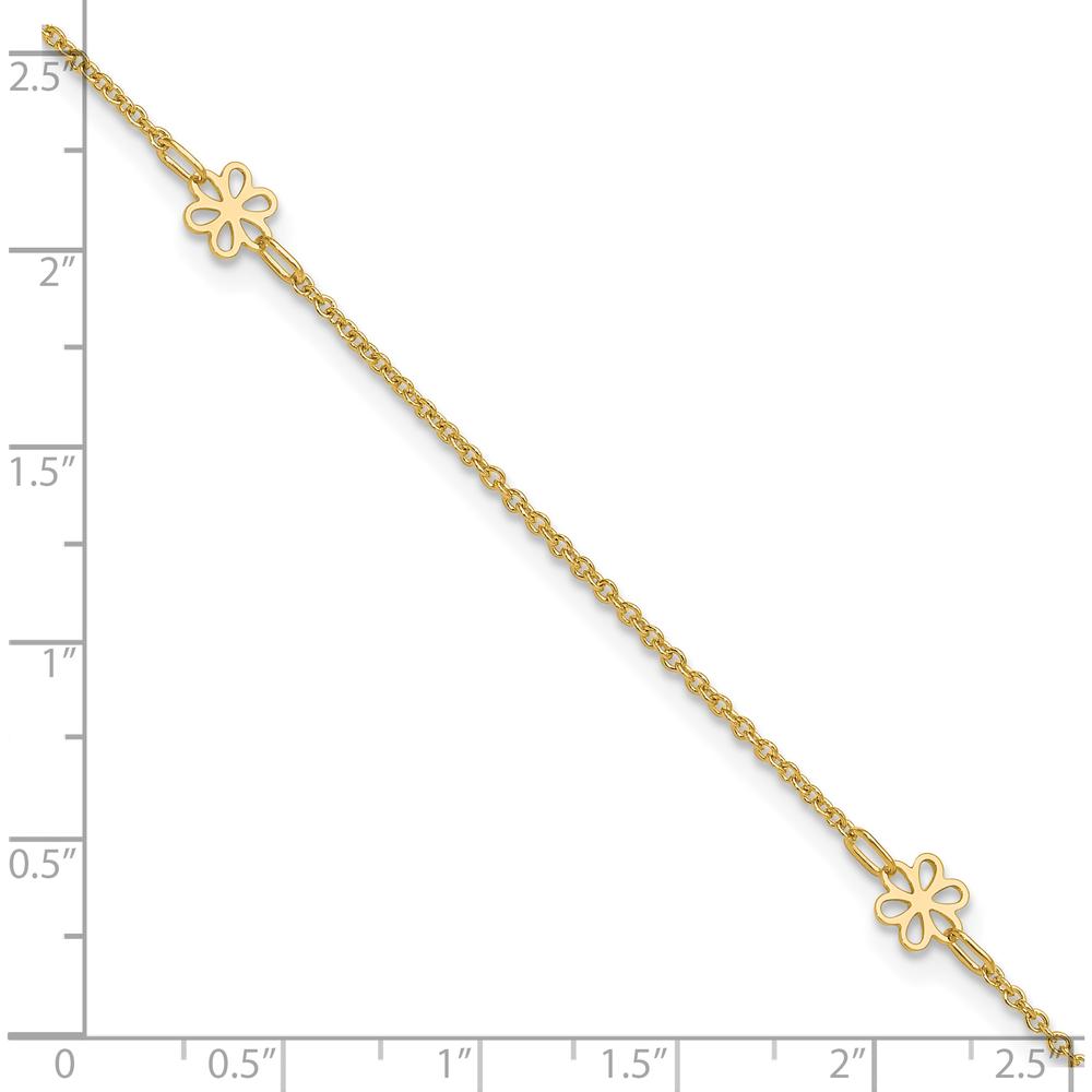 14K Yellow Gold Floral 3-Station Anklet with Extender - Adjustable Length 10" to 11"