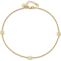 14K Yellow Gold Floral 3-Station Anklet with Extender - Adjustable Length 10" to 11"