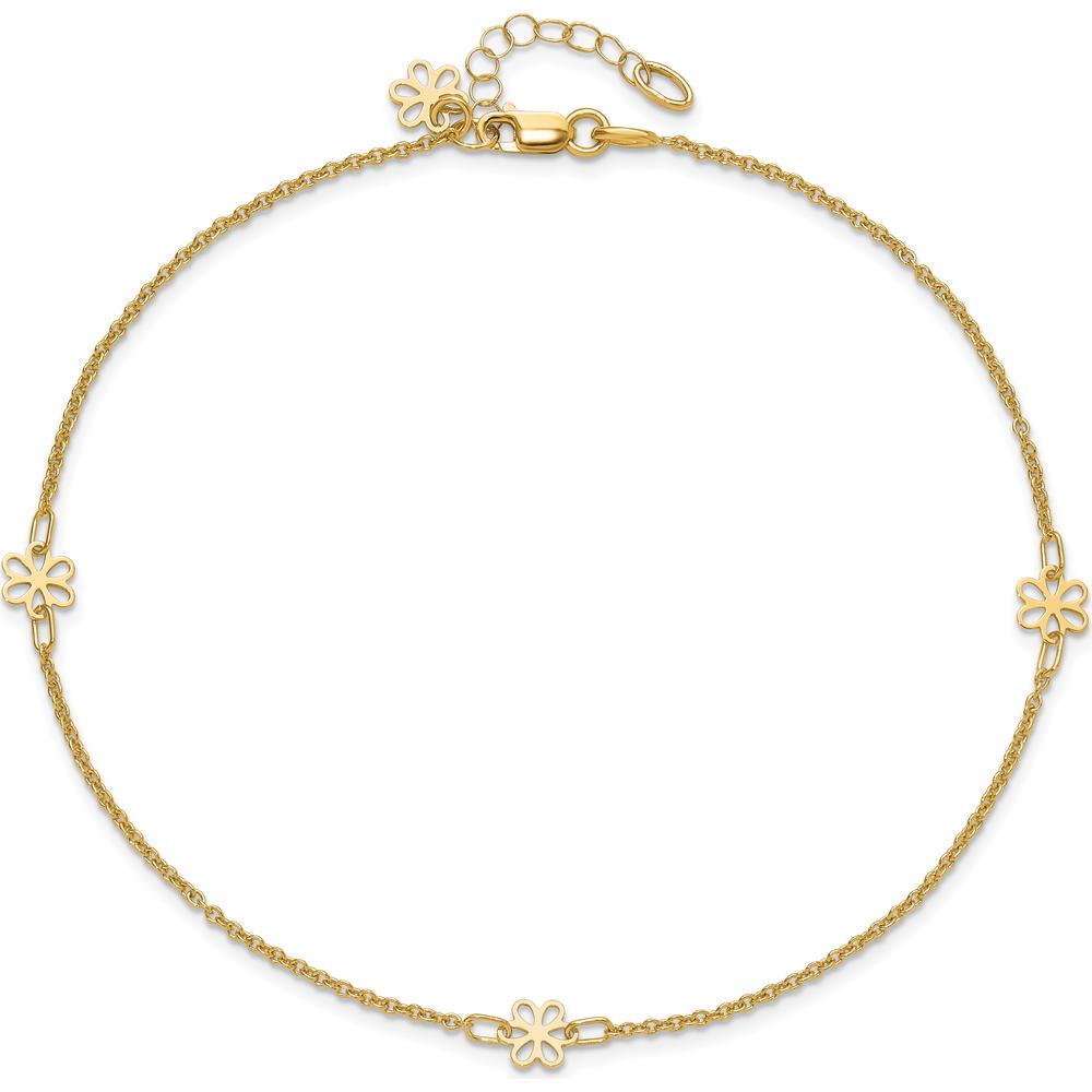 14K Yellow Gold Floral 3-Station Anklet with Extender - Adjustable Length 10" to 11"