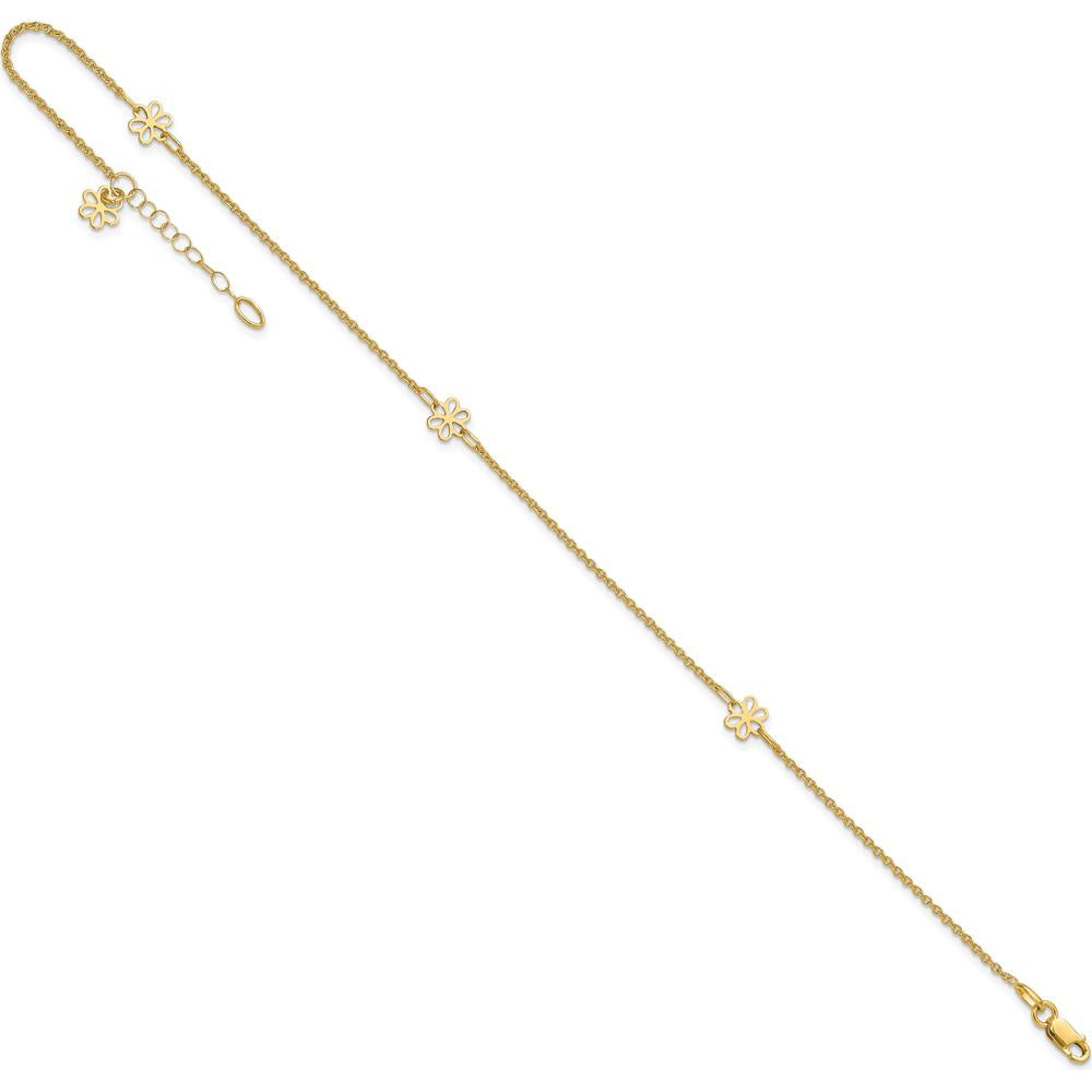 14K Yellow Gold Floral 3-Station Anklet with Extender - Adjustable Length 10" to 11"