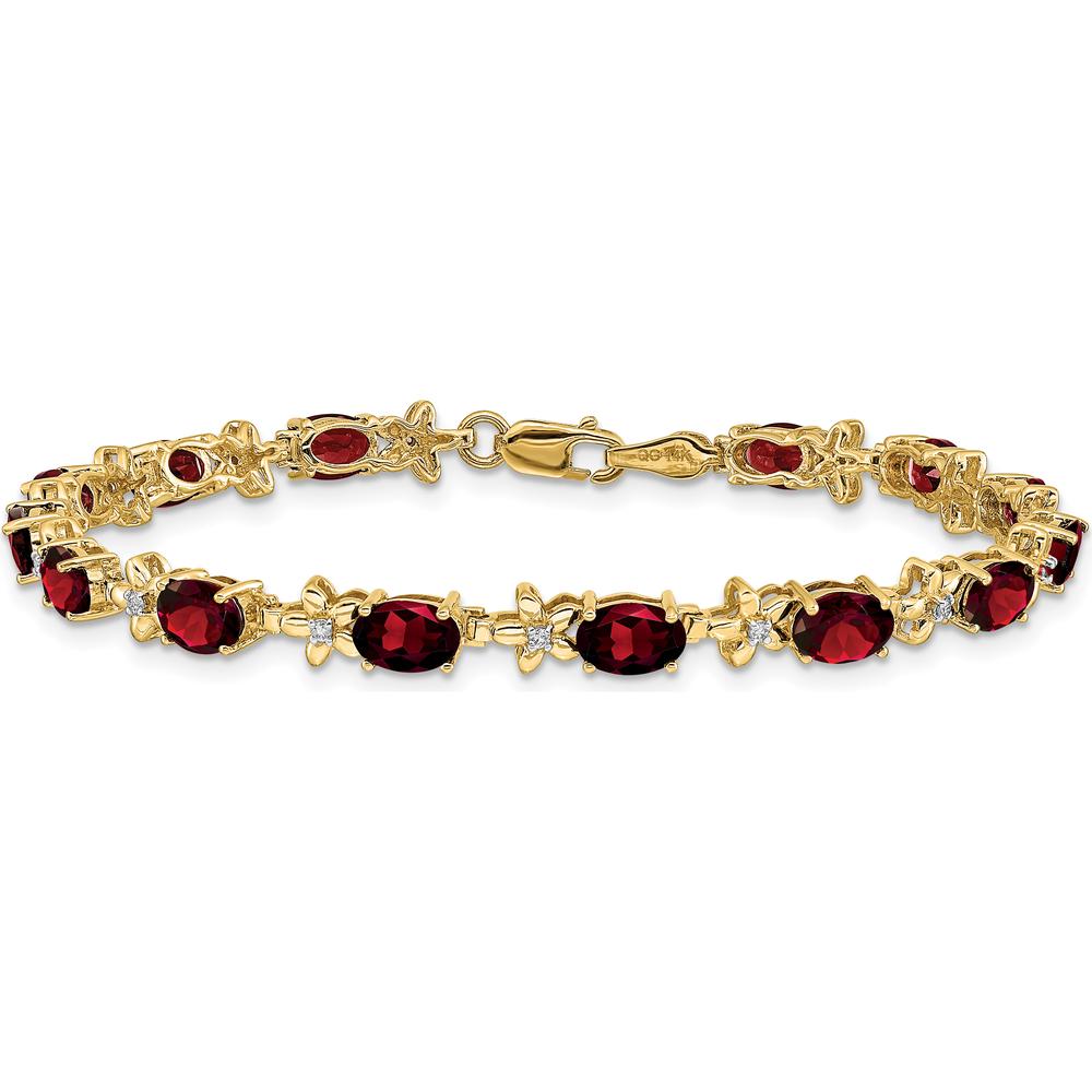 14K Yellow Gold Floral Bracelet with 14 Oval Garnet and Round Diamonds - 0.60 Carats Total Garnet Weight, 0.11 Carats Total Diamond Weight by Monteluci Fine Jewelry