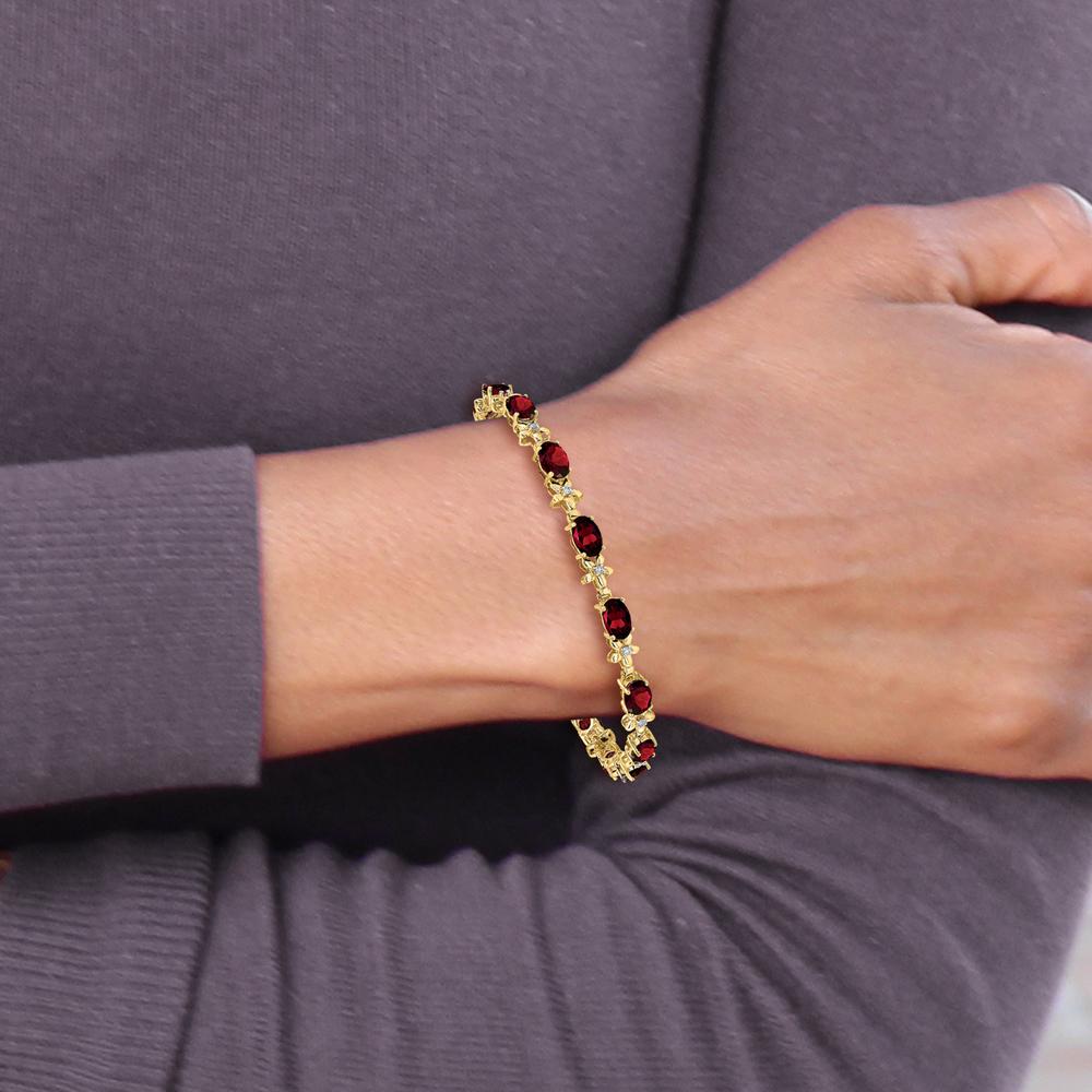 14K Yellow Gold Floral Bracelet with 14 Oval Garnet and Round Diamonds - 0.60 Carats Total Garnet Weight, 0.11 Carats Total Diamond Weight by Monteluci Fine Jewelry
