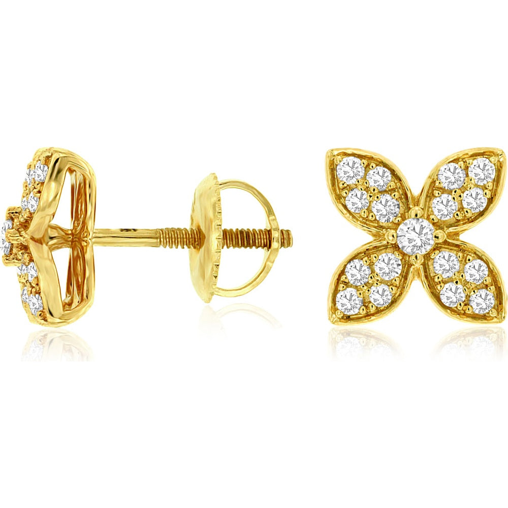 14K Yellow Gold Floral Butterfly Stud Earrings with Prong-Set Round Diamonds - 0.33 Carat Total Diamond Weight - Royal Jewelry