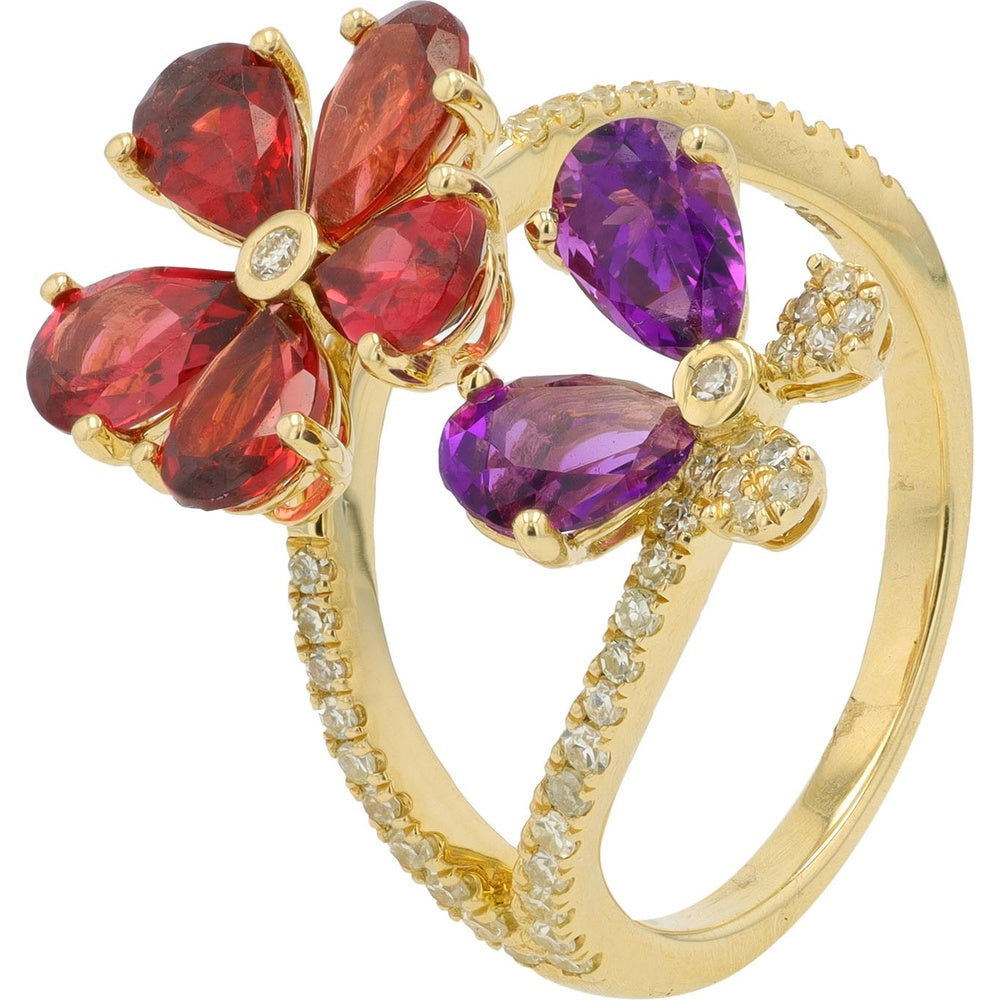 14K Yellow Gold Floral Bypass Ring with Pear-Shaped Amethyst and Rhodolite Gems - 3.00 Carat Total Gem Weight with 0.28 Carat Diamond Accents