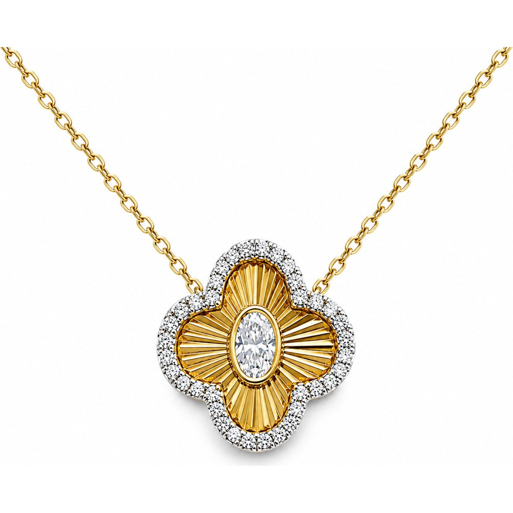 14K Yellow Gold Floral Clover Halo Pendant Necklace with Oval Diamond Center and Round Diamond Halo - 0.43 Carat Total Diamond Weight by Auriventus