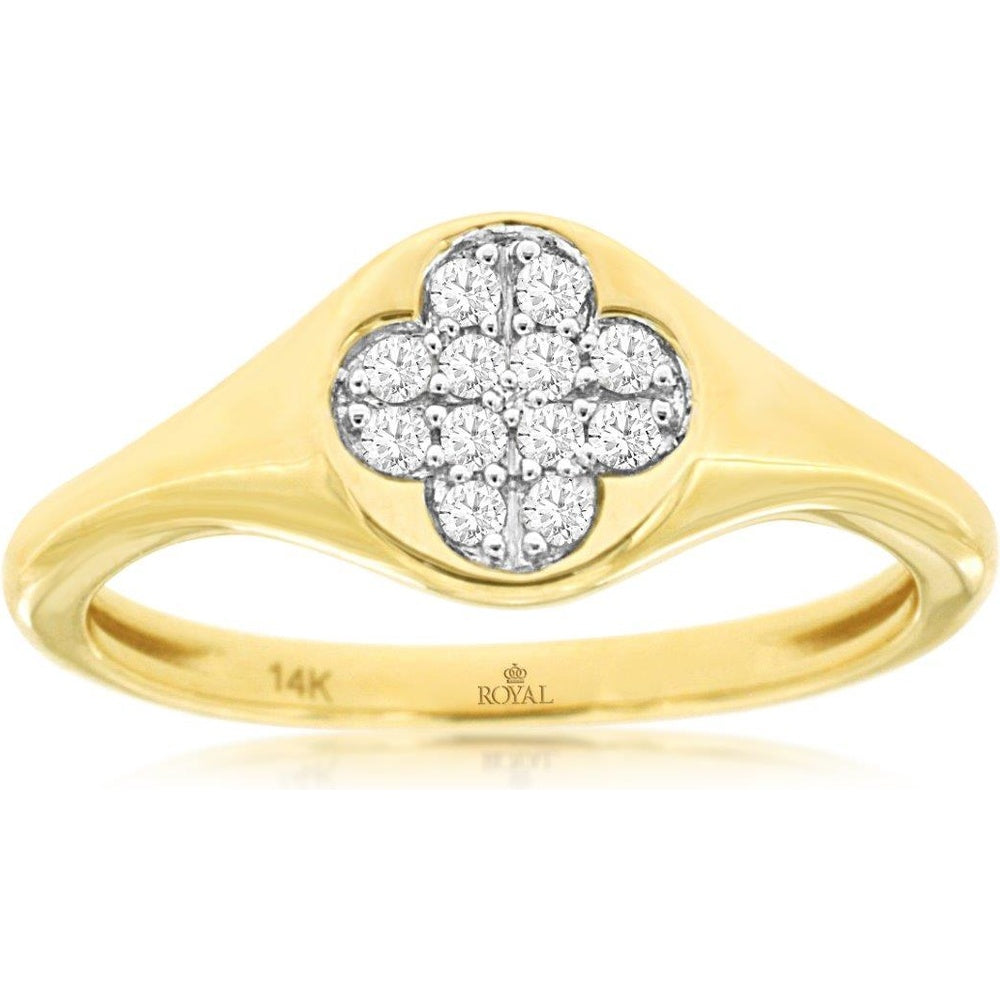 14K Yellow Gold Floral Clover Ring with Pavé Set Round Diamonds - 0.13 Carat Total Diamond Weight - Royal Jewelry