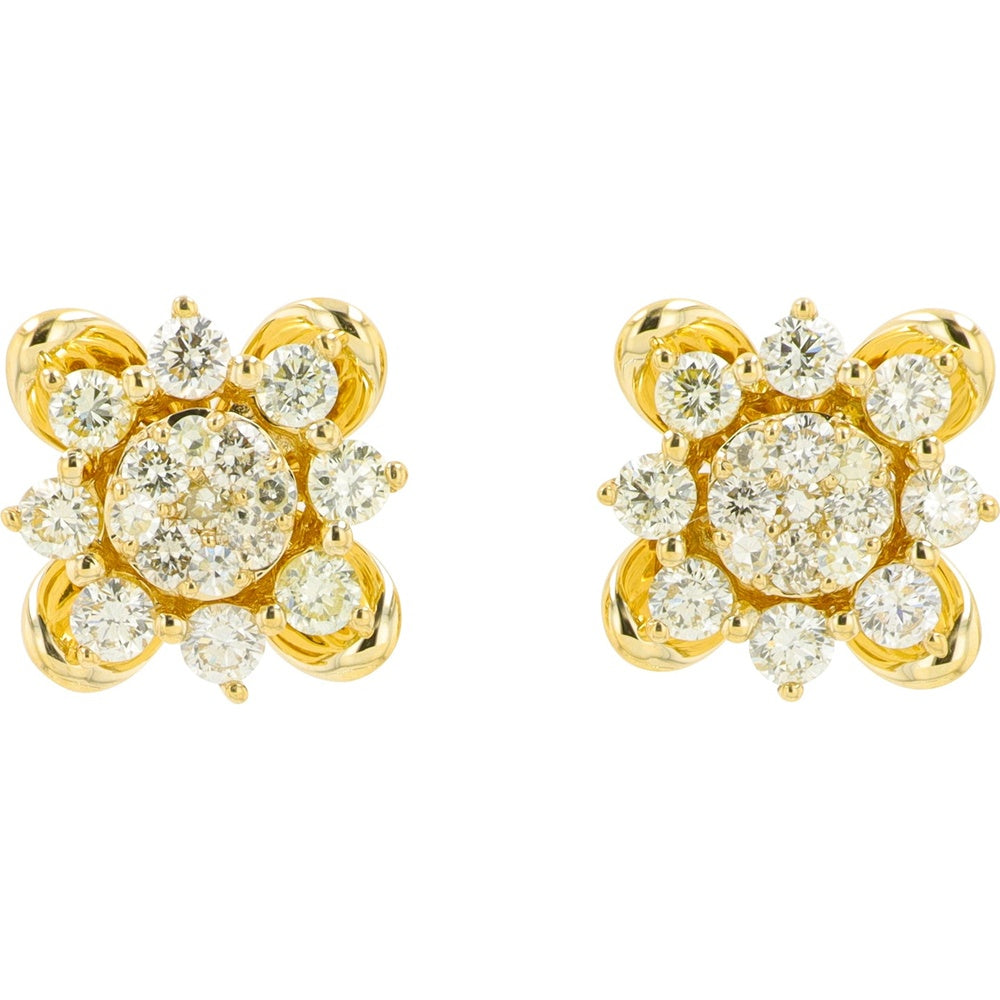 14K Yellow Gold Floral Cluster Diamond Stud Earrings with Prong-Set Round Diamonds - 0.50 Carat Total Diamond Weight