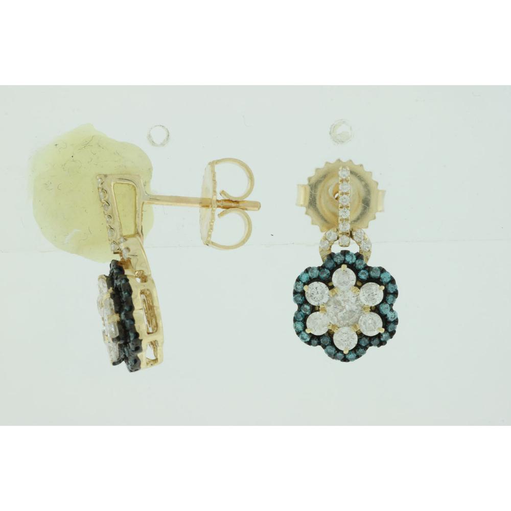14K Yellow Gold Floral Cluster Earrings with Round White and Blue Diamonds – 1.03 Carat Total Diamond Weight - Royal Jewelry