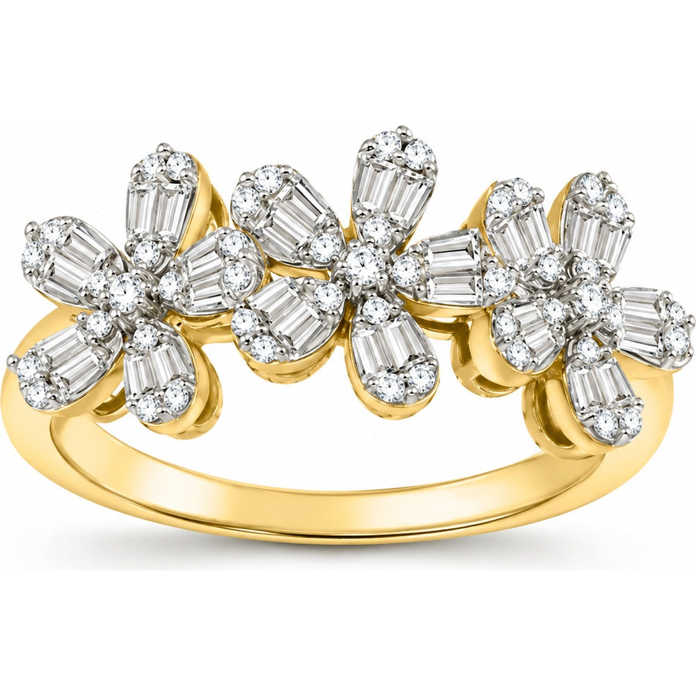 14K Yellow Gold Floral Cluster Fashion Ring with Round and Baguette Diamonds - 0.38 Carat Total Diamond Weight by Auriventus