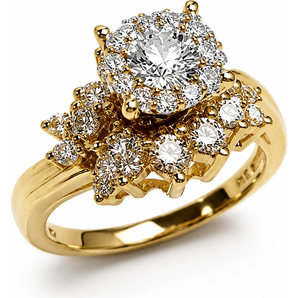 14K Yellow Gold Floral Cluster Halo Engagement Ring with Round Diamonds - 0.92 Carat Total Diamond Weight by Auriventus