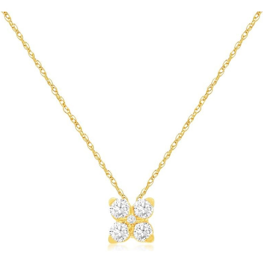 14K Yellow Gold Floral Cluster Pendant Necklace with Prong-Set Round Diamonds - 0.16 Carat Total Diamond Weight - Royal Jewelry
