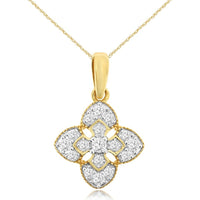 14K Yellow Gold Floral Cluster Pendant with Milgrain Edge and Round Diamonds - 0.25 Carat Total Diamond Weight - Royal Jewelry