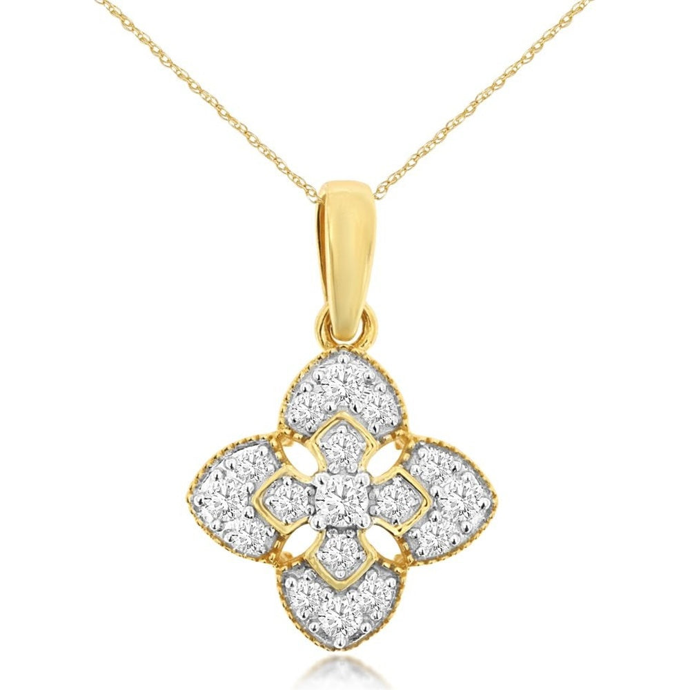 14K Yellow Gold Floral Cluster Pendant with Milgrain Edge and Round Diamonds - 0.25 Carat Total Diamond Weight - Royal Jewelry