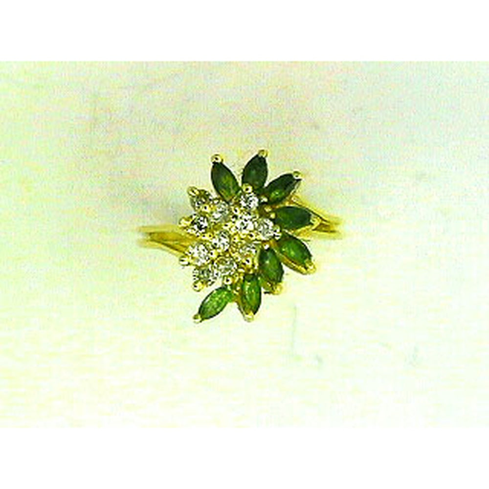 14K Yellow Gold Floral Cluster Ring with 0.45 Carat Round Diamonds and Marquise-Cut Green Gemstones - Royal Jewelry