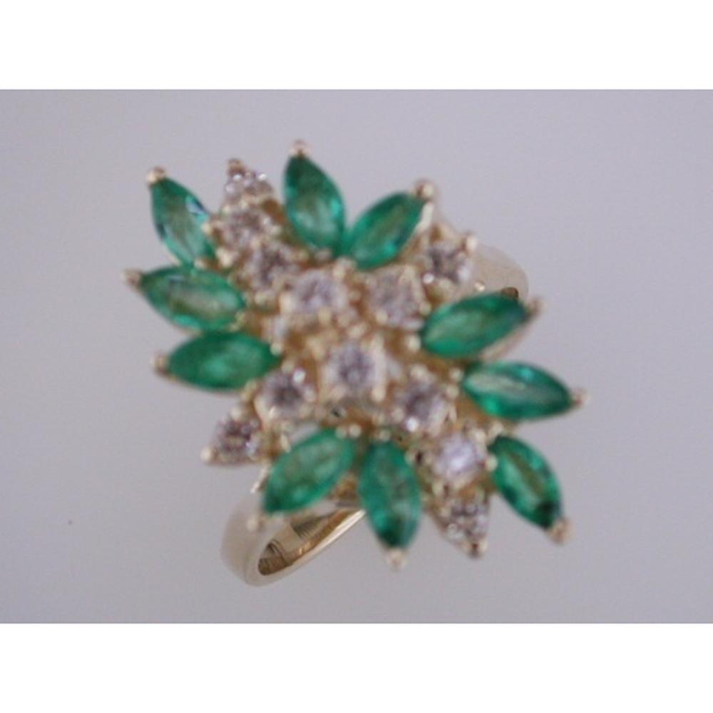 14K Yellow Gold Floral Cluster Ring with 0.50 Carat Round Diamonds and 1.10 Carat Marquise Cut Emeralds - Royal Jewelry
