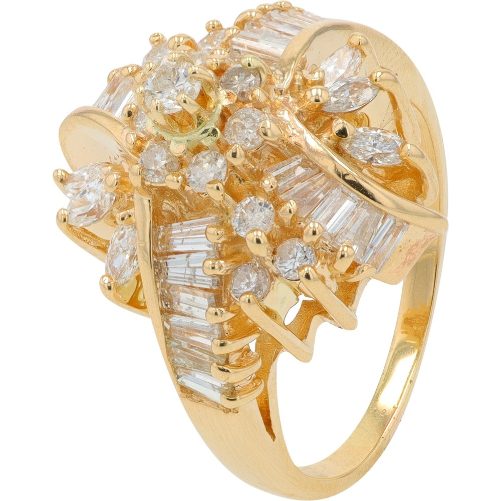 14K Yellow Gold Floral Cluster Ring with Round, Marquise, and Baguette Diamonds - 1.00 Carat Total Diamond Weight