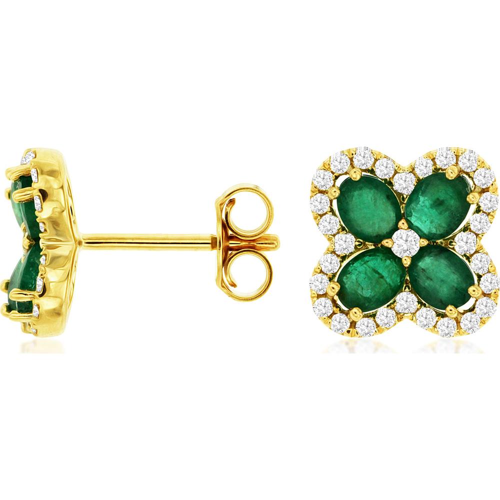 14K Yellow Gold Floral Cluster Stud Earrings with 1.30 Carat Oval Emerald and 0.35 Carat Round Diamond Halo - Royal Jewelry