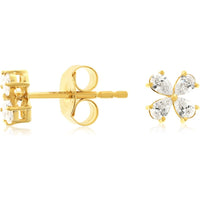 14K Yellow Gold Floral Cluster Stud Earrings with Prong-Set Pear-Shaped Diamonds - 0.40 Carat Total Diamond Weight - Royal Jewelry