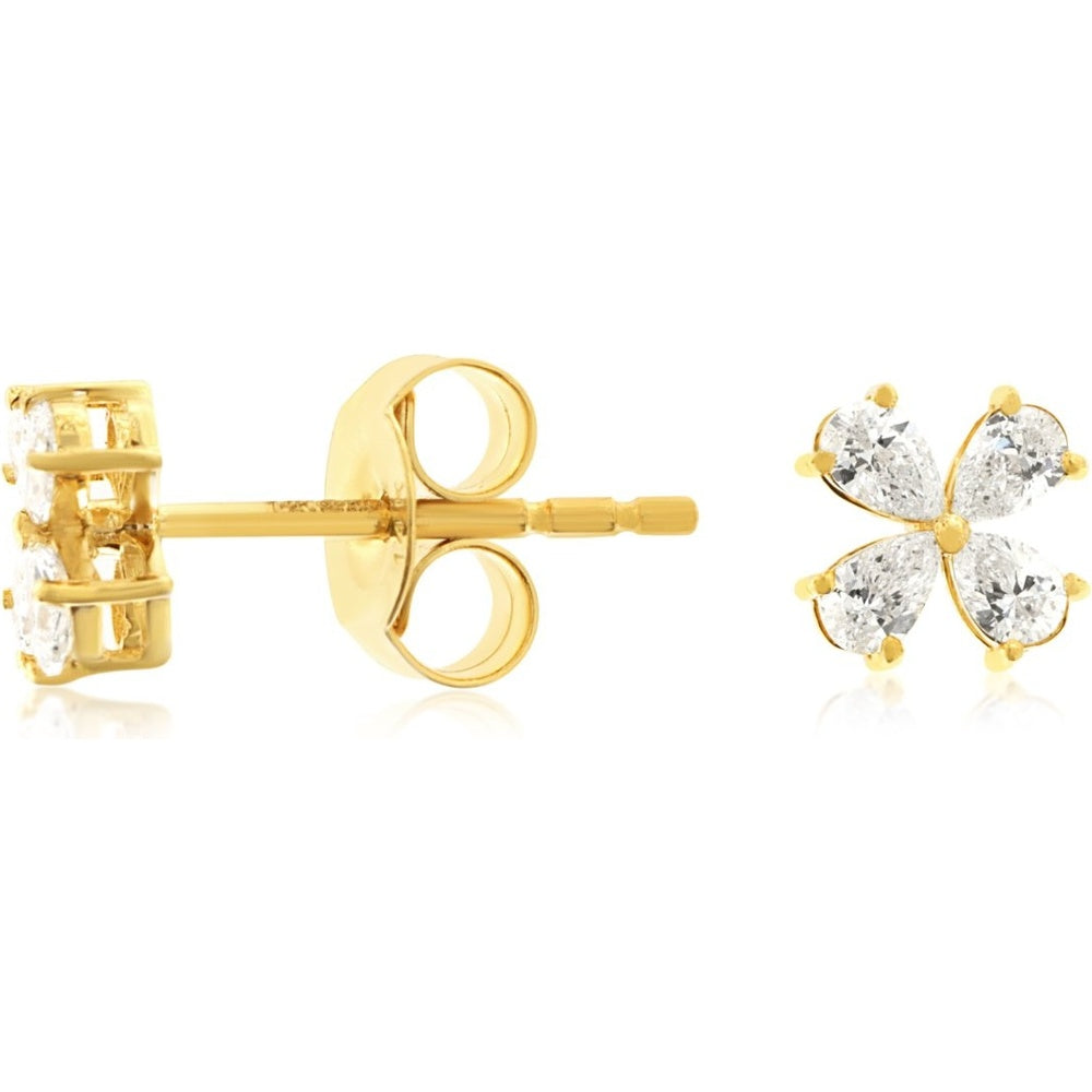 14K Yellow Gold Floral Cluster Stud Earrings with Prong-Set Pear-Shaped Diamonds - 0.40 Carat Total Diamond Weight - Royal Jewelry