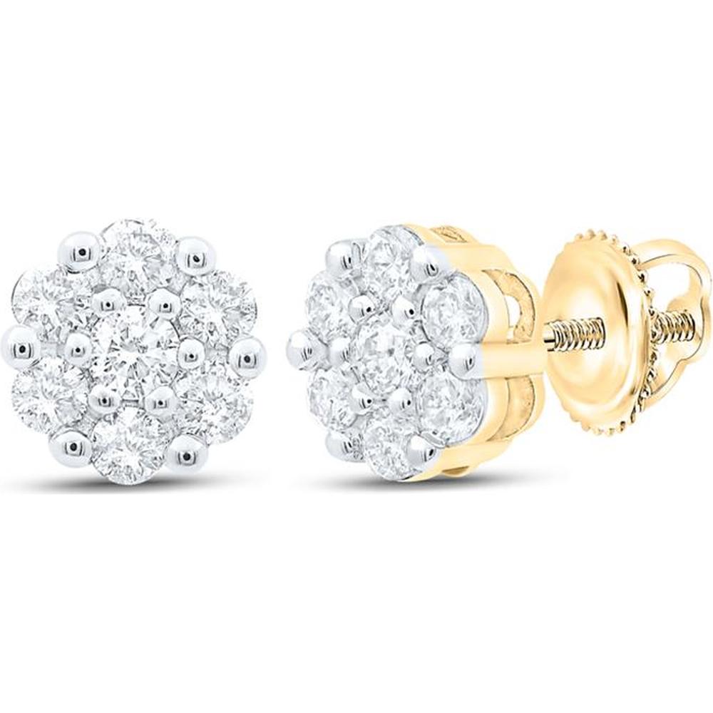 14K Yellow Gold Floral Cluster Stud Earrings with Prong-Set Round Diamonds - 0.50 Carat Total Diamond Weight