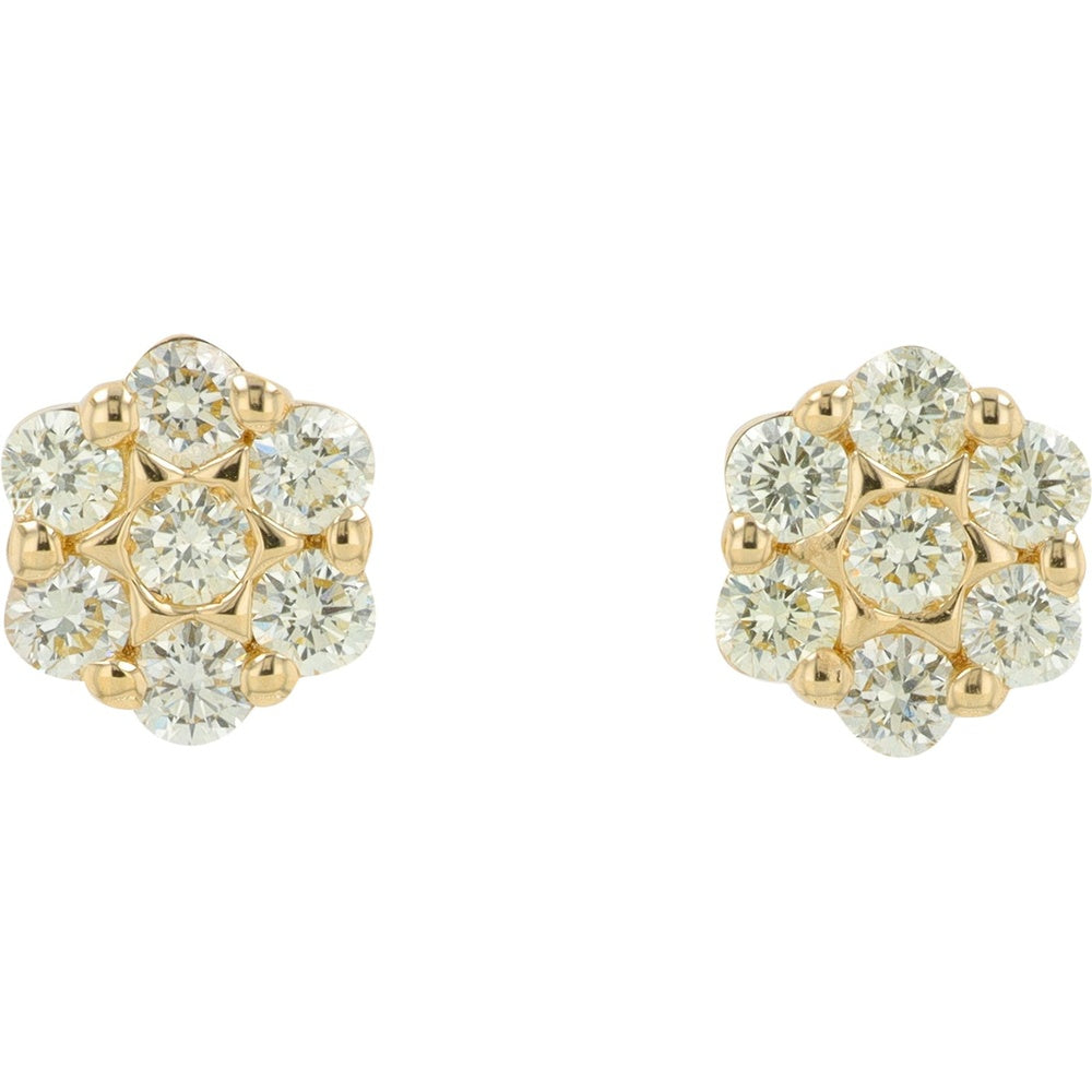 14K Yellow Gold Floral Cluster Stud Earrings with Round Brilliant Cut Diamonds - 0.75 Carat Total Diamond Weight