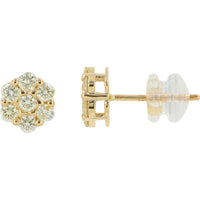 14K Yellow Gold Floral Cluster Stud Earrings with Round Brilliant Cut Diamonds - 0.75 Carat Total Diamond Weight