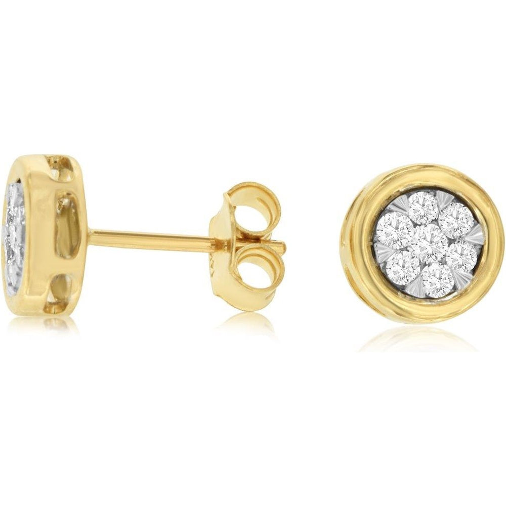 14K Yellow Gold Floral Cluster Stud Earrings with Round Diamonds - 0.33 Carat Total Diamond Weight - Royal Jewelry