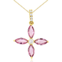 14K Yellow Gold Floral Cross Pendant with Round Diamond Center and Marquise Pink Sapphires - 0.08 Carat Diamond and 1 Carat Total Pink Sapphire Weight - Royal Jewelry