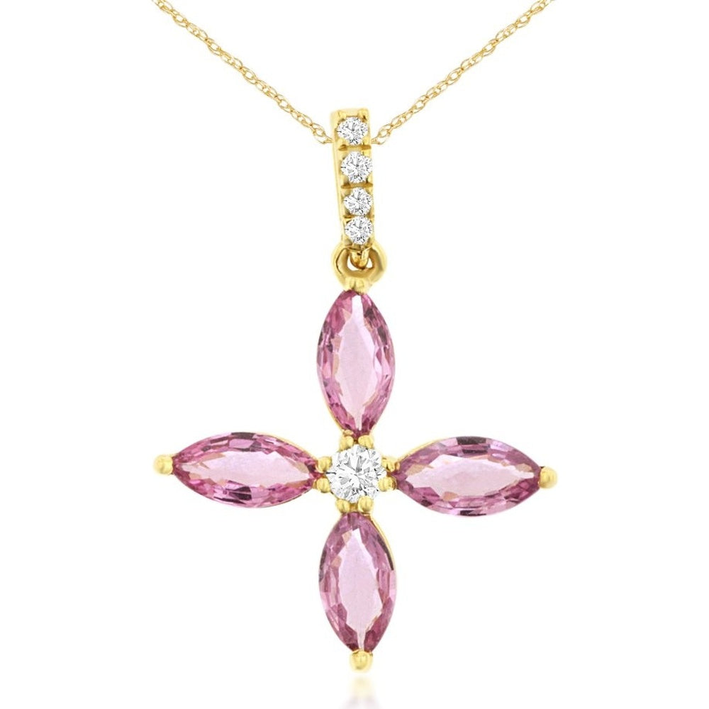14K Yellow Gold Floral Cross Pendant with Round Diamond Center and Marquise Pink Sapphires - 0.08 Carat Diamond and 1 Carat Total Pink Sapphire Weight - Royal Jewelry