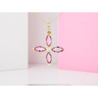 14K Yellow Gold Floral Cross Pendant with Round Diamond Center and Marquise Pink Sapphires - 0.08 Carat Diamond and 1 Carat Total Pink Sapphire Weight - Royal Jewelry