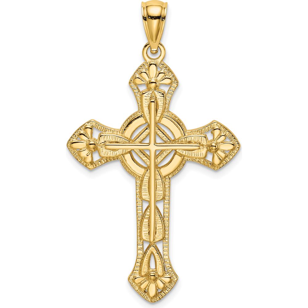 14K Yellow Gold Floral Cut-Out Cross Pendant with Open Back - 33.5mm Length by Oro Pregiato