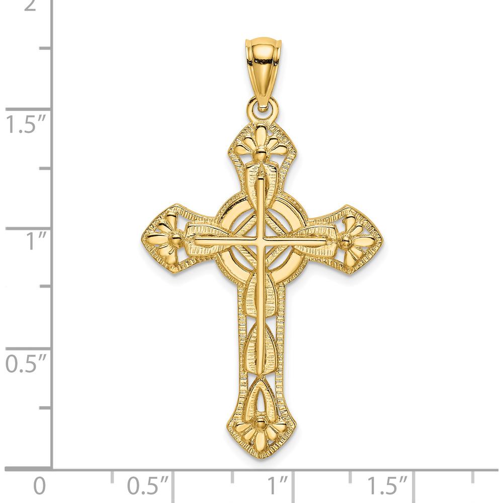 14K Yellow Gold Floral Cut-Out Cross Pendant with Open Back - 33.5mm Length by Oro Pregiato
