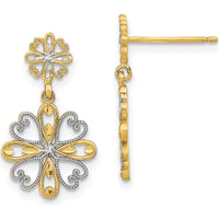 14K Yellow Gold Floral Dangle Earrings with Rhodium Beaded Heart Petal Design by 0