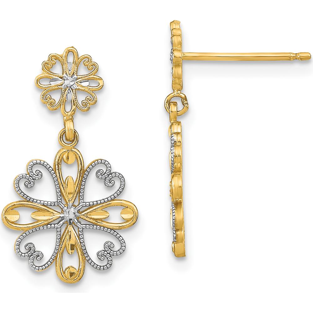 14K Yellow Gold Floral Dangle Earrings with Rhodium Beaded Heart Petal Design by 0