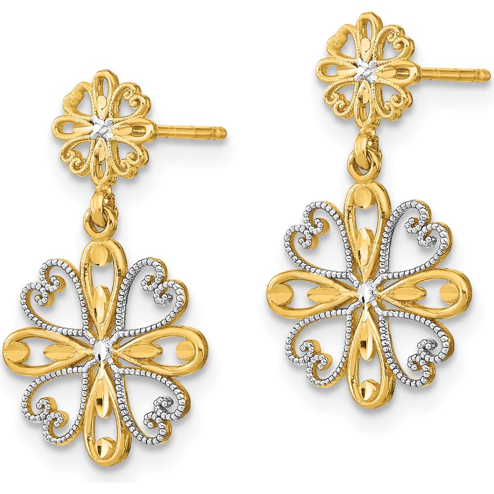 14K Yellow Gold Floral Dangle Earrings with Rhodium Beaded Heart Petal Design by 0